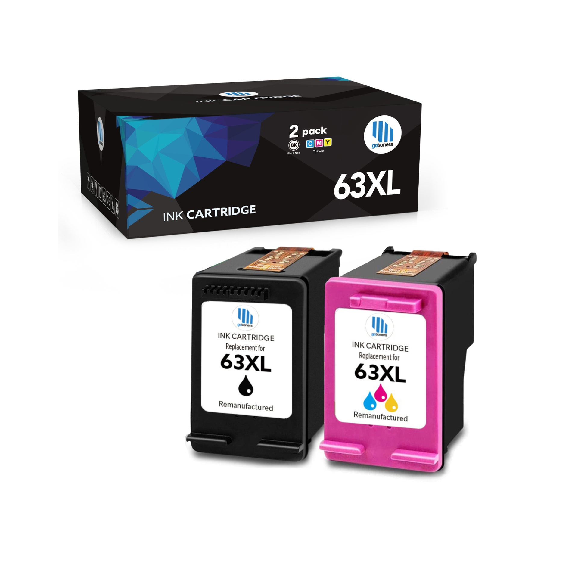 Gotoners - Gotoners HP 63XL F6U63AN F6U64AN Combo Remanufactured Black & Color High Yield Ink Cartridge - 2 Pack