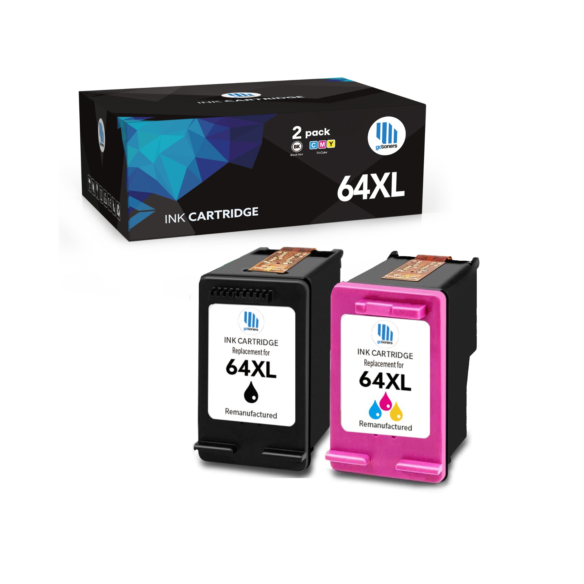Gotoners - Gotoners HP 64XL N9J91AN N9J92AN Combo Remanufactured Black & Color High Yield Ink Cartridge - 2 Pack